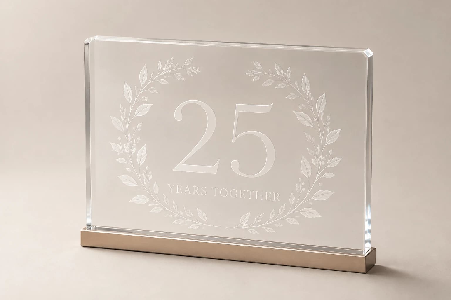 Clear acrylic 25-year anniversary keepsake on a champagne base.