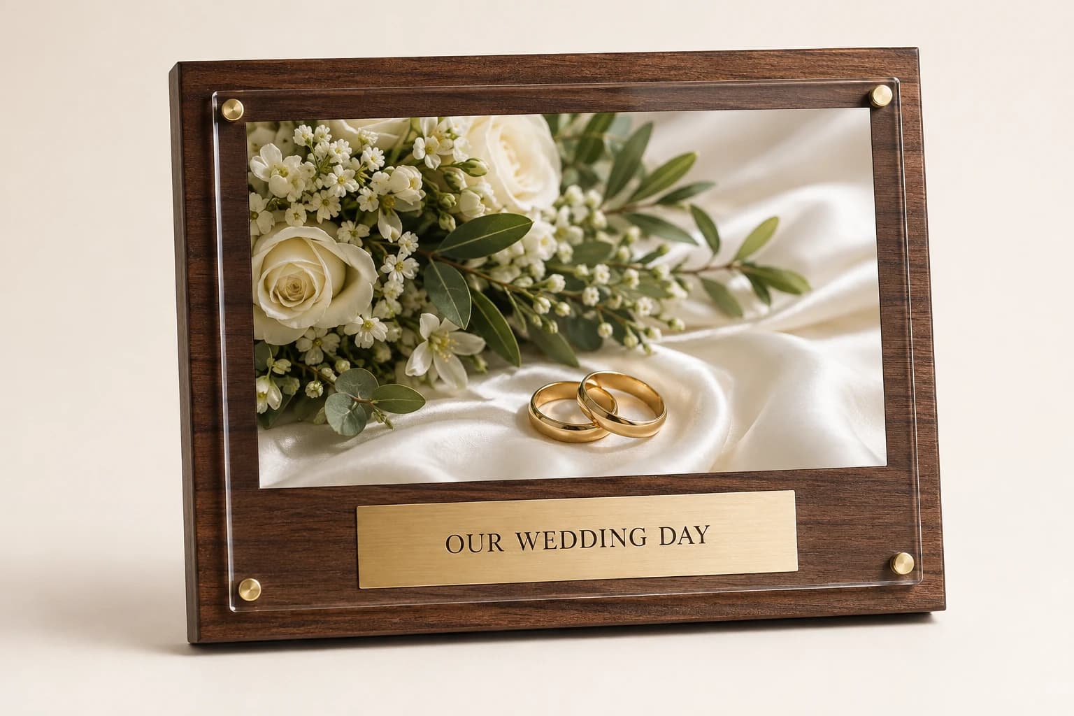 Walnut wedding keepsake plaque with an acrylic-covered rings and bouquet photograph.