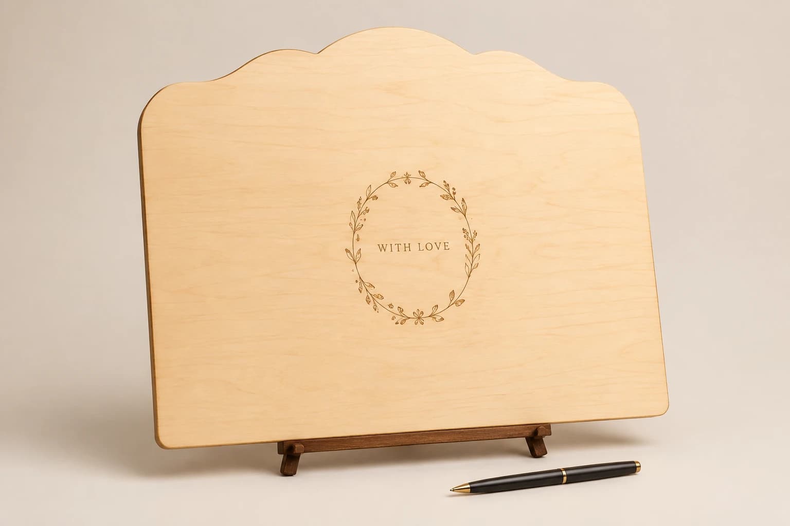 Maple guest-signing plaque with a botanical center and blank signing space.