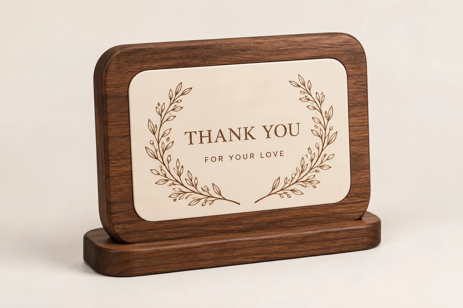 Walnut parent thank-you plaque with a cream botanical inset.