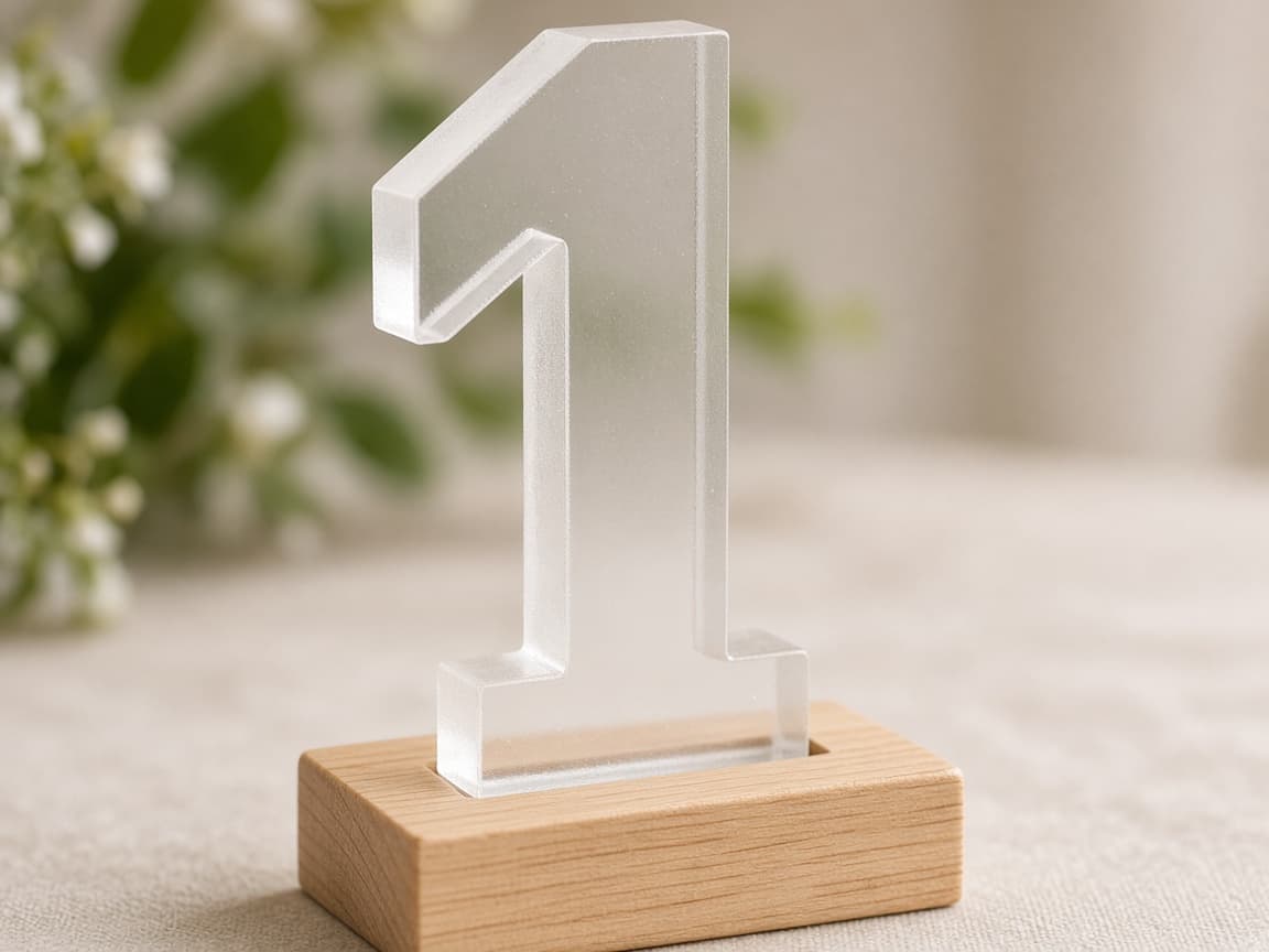 Wedding Table Number Signs design concept, close-up of the acrylic, wood, or metal