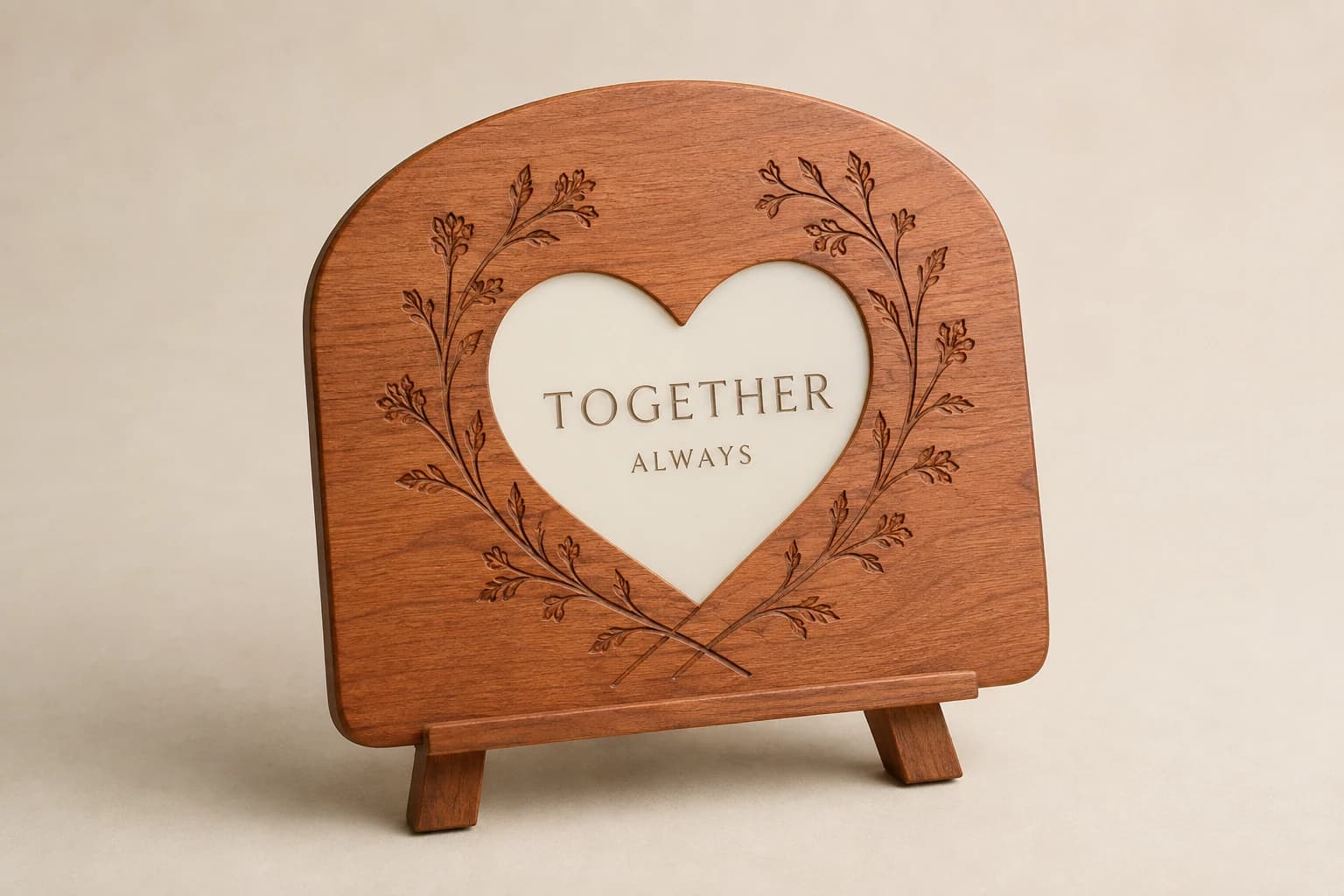 Arched cherry wedding keepsake with a botanical heart detail.
