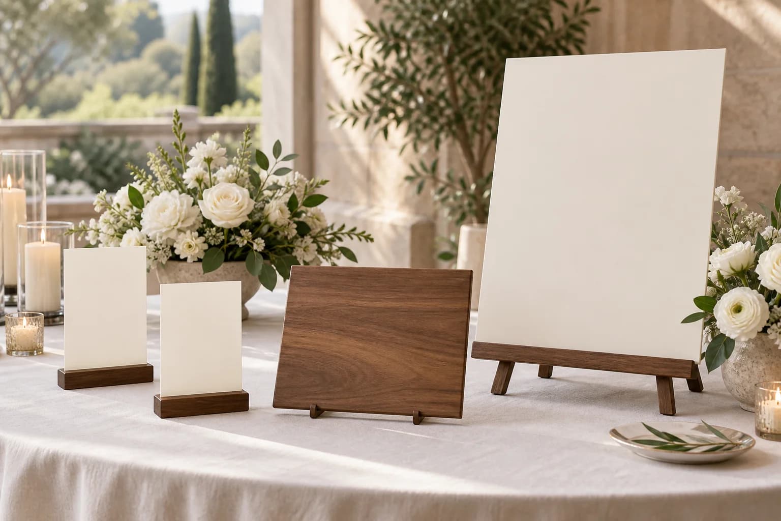 Blank wedding table signs and keepsake plaque with white flowers
