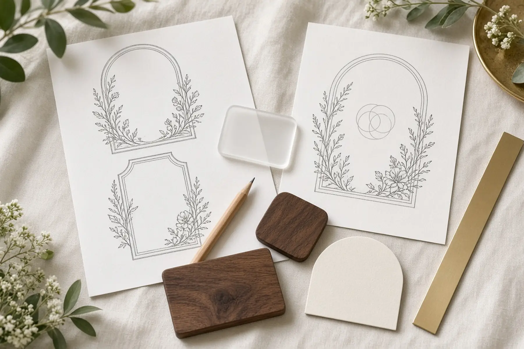 Design planning concept for a Wedding Keepsake Plaque: sketches, material swatches and a blank sample shape