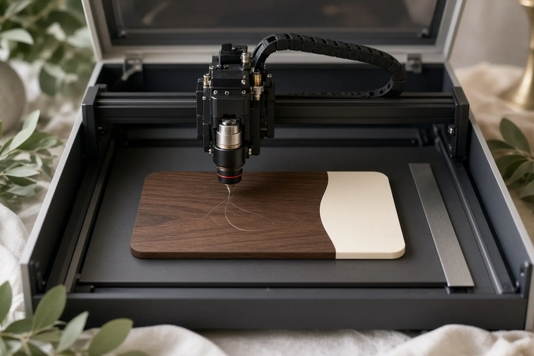 Engraving concept: a blank plate for a Wedding Keepsake Plaque inside an enclosed marking machine