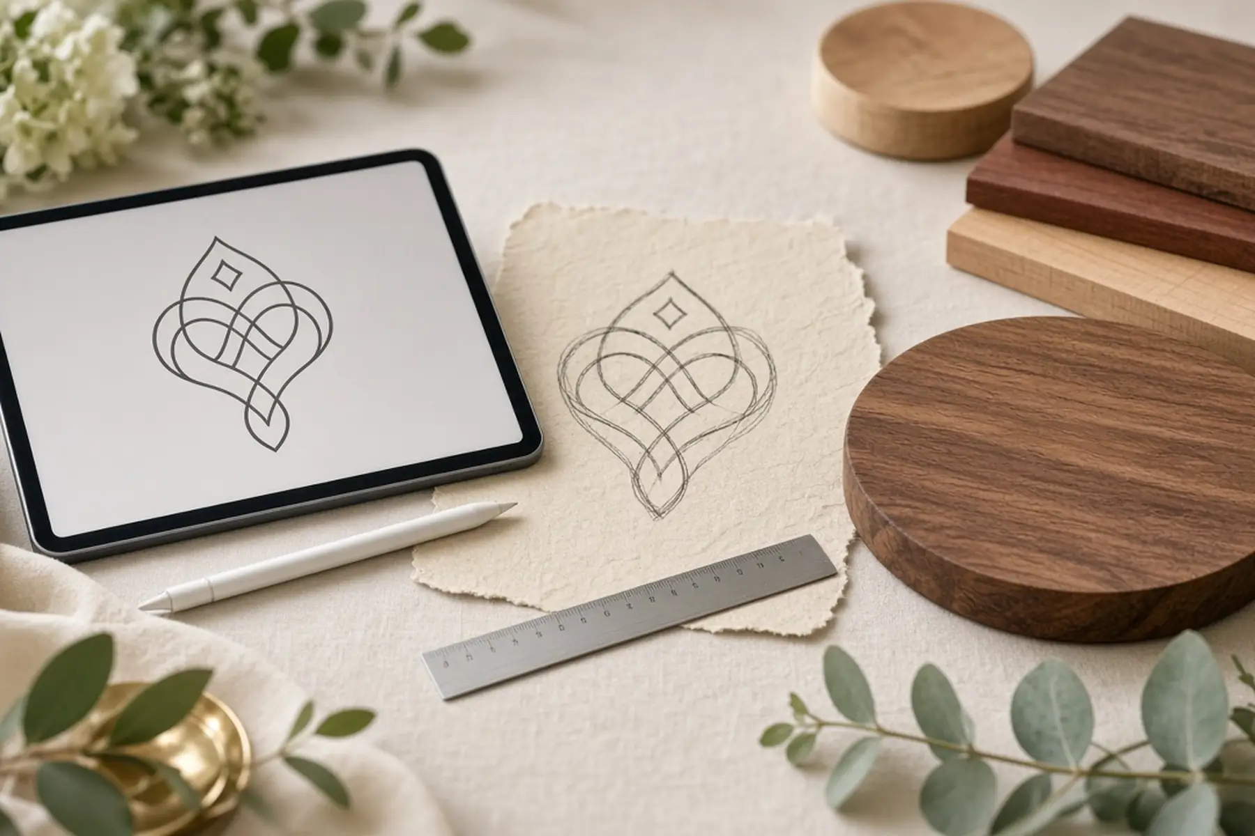 Artwork preparation concept: a simple emblem converted to clean outlines for a Wedding Keepsake Plaque