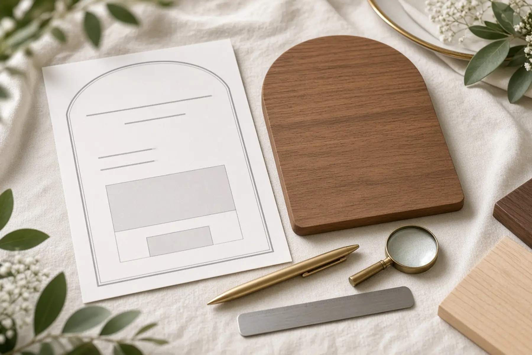 Proof review concept: a full-size layout checked against a blank Wedding Keepsake Plaque