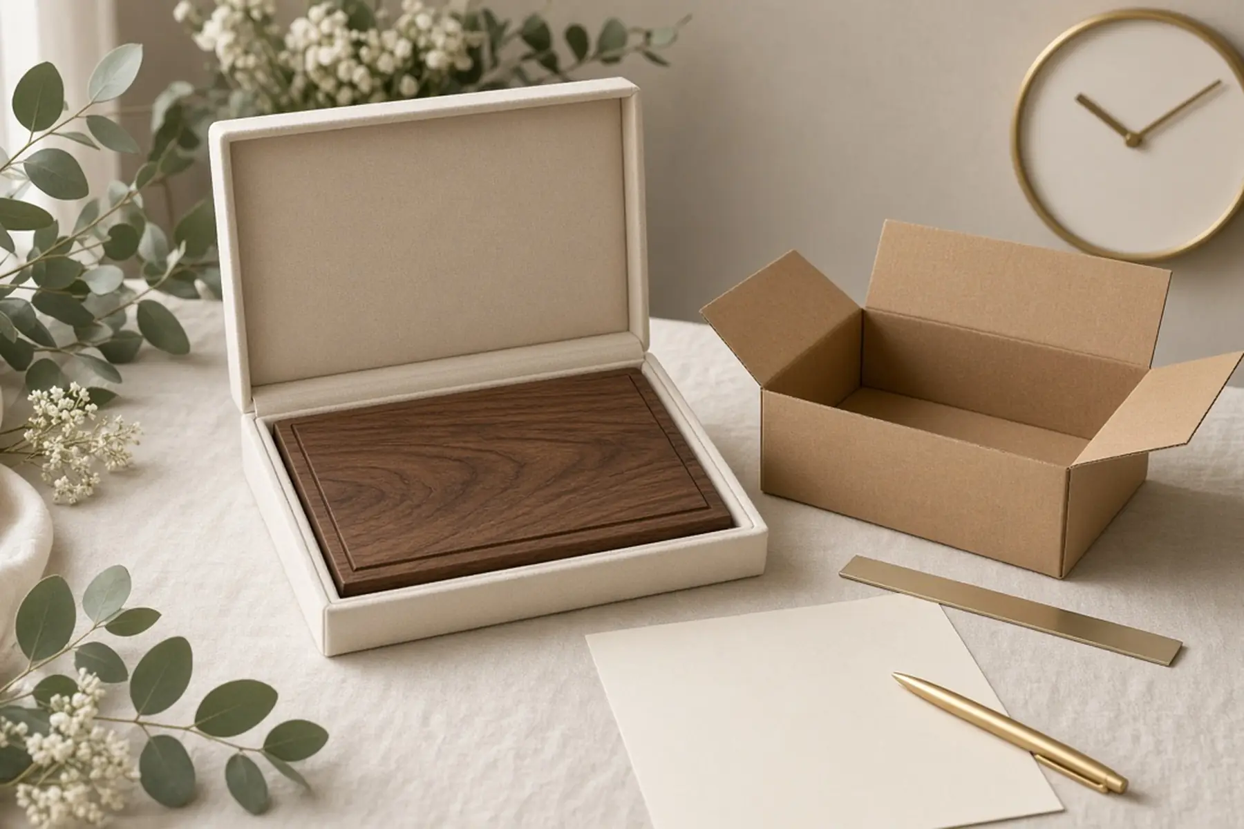 Rush planning concept: a Wedding Keepsake Plaque, carton and checklist arranged around an arrival date